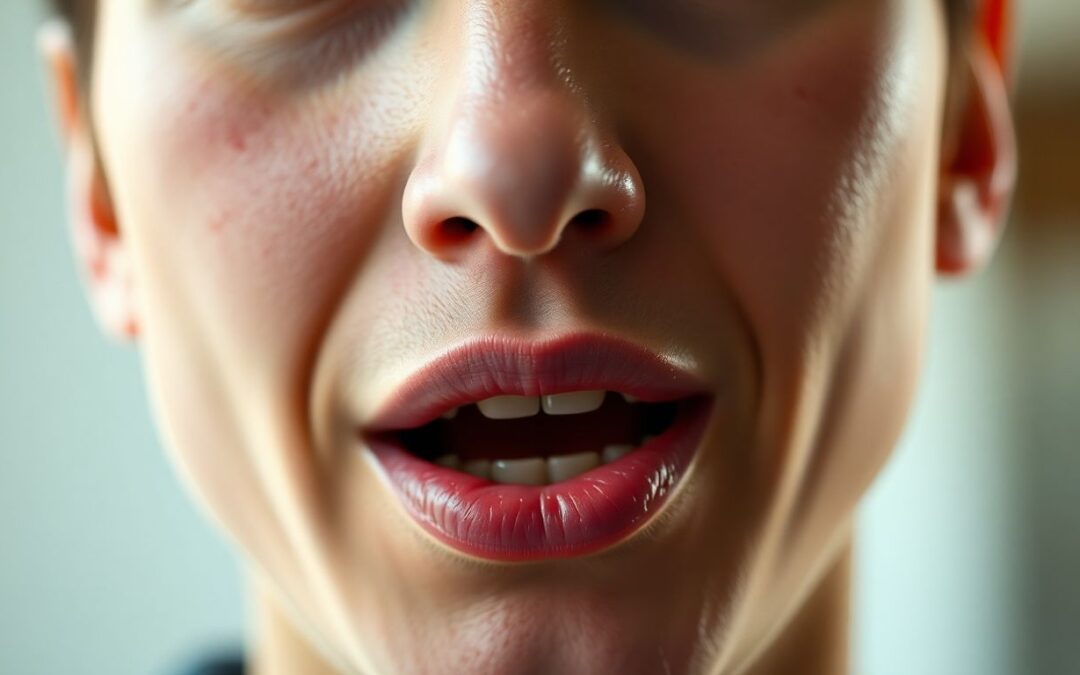 Person spricht Französisch, Mund offen, Lippen und Zunge sichtbar.